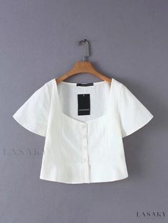 Lasaky - Vintage Mandarin Collar Waist Cinched Short Sleeve White Blouse Top Casual Square Neck Blouse For Vacation, Casual Square Neck Top For Vacation, Casual Square Neck Vacation Tops, Casual White Square Neck Blouse, Short Sleeve White Blouse, White Blouse Top, White Short Sleeve Blouse, Tops And Blouses, Womens Tops Summer