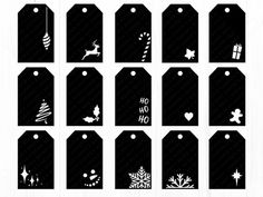 black and white christmas gift tags with snowflakes, santa's sleigh