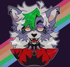 an image of a wolf with green leaves on it's head in front of a rainbow colored background