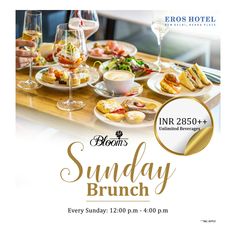 an advertisement for a brunch event with wine glasses and food on the table