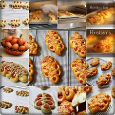 there are many different types of pastries on the table and in the pictures below