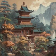 a painting of a chinese building with mountains in the back ground and trees on either side