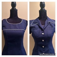 A fitted sleeveless dress in navy blue with contrasting white trim.  The dress has a round neckline, trimmed with white piping.  There is also white piping across the bust line and trimming the arm openings.  Zip back.  It is complimented with a short sleeve jacket that buttons down the front.  Contrasting white piping on the collar and sleeves.  In good vintage condition with no rips or stains.  Made in the USA.  Size 3/4. 100% Polyester.  The bust measures 16 inches from armpit to armpit layin Fitted Summer Dress With Contrast Trim, Fitted Formal Dress With Contrast Trim, Formal Fitted Dress With Contrast Trim, Navy Fitted Vintage Dress, Navy Vintage Short Sleeve Dress, Fitted Summer Dress With Contrast Stitching, Fitted Navy Dress With Buttons, Navy Retro Dress For Work, Navy Retro Workwear Dress