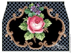 a cross stitch pattern with a pink rose and purple flowers in the center on a black background