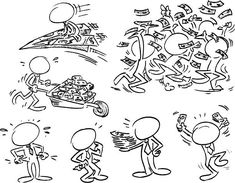 cartoon stick figures running and playing with each other, black and white version stock illustration