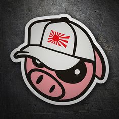 a sticker depicting a pig wearing a baseball cap with the japanese flag on it