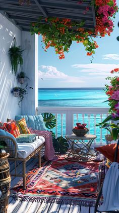 an outdoor patio with flowers and plants on the balcony, overlooking the water's edge