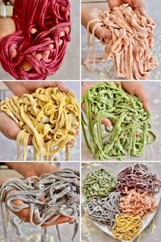 several different types of noodles being held by hands in various stages of drying and assembling