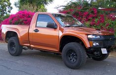 an orange pick up truck parked in front of some bushes and pink flowers on the side of the road