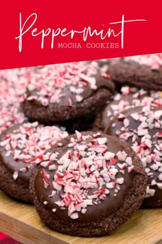 chocolate peppermint mocha cookies with sprinkles on a cutting board