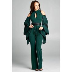 Step out looking like money in our money green jumpsuit trimmed in black. Features: Mock neck with key hole detail on chest Cold shoulder detail Bell sleeves with black lace embroidery Black leatherette wrap belt included Back zipper closure Pin tucked seams to front of pants Straight wide cut Inseam 34"-35" Item has stretch 95% Polyester, 5% Spandex *Model is wearing a S. **Only available in green Green Jumpsuit Outfit, All Is Fair In Love, Chest Cold, Flare Maxi Skirt, Burgundy Jumpsuit, Long Pant Jumpsuit, Formal Jumpsuit, Green Suit, Wrap Belt