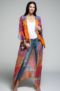 Cancun Multi Color Kimono One size fits most 100% Viscose Funky Fabric, Anthropologie Kimono, Printed Kimono, Maxi Kimono, Beach Kimono, Fringe Kimono, Casual Kimono, Boho Summer Dresses, Beautiful Kimonos