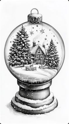 a drawing of a snow globe with a house in it