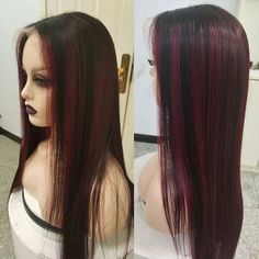 Black And Red Highlights Hair, Cherry Cola Hair Color With Highlights, Dark Red Hair Color Burgundy, Black To Red Hair, Black And Burgundy Hair, Dark Red Highlights, Black Hair With Red Highlights, Black And Red Hair, Burgundy Highlights