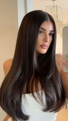 Rambut Brunette, Dark Brunette Hair, Blowout Hair, Haircuts Straight Hair, Sleek Hairstyles, Haircuts For Long Hair, Hair Inspo Color