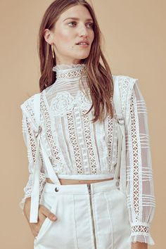 Anniversary Sale Tops – For Love & Lemons Tulle Blouse, Victorian Blouse, Emb Designs, Pajama Pattern, Statement Blouse, Boho Wedding Dress, Lace Design, White Fashion, Lace Blouse