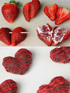 some strawberries are cut in half and placed on top of each other to look like hearts