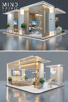 two views of a modern living room and dining area in an open concept with white furniture