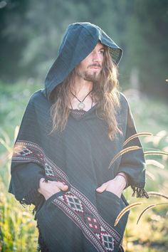 Mens Hooded Poncho Green Cashmere Yak Wool Pockets Tribal Embroidery Celtic Gypsy Alternative Festival Mexican Primitive Large Hood AJJAYA Embroidered Long Sleeve Poncho For Festival, Traditional Hooded Winter Poncho, Winter Festival Embroidered Poncho, Winter Embroidered Long Sleeve Poncho, Traditional Long Sleeve Poncho, Traditional Long Sleeve Embroidered Poncho, Bohemian Long Sleeve Embroidered Poncho, Traditional Cotton Poncho For Fall, Hippie Long Sleeve Poncho For Festival