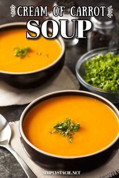 Photo of two bowls of cream of carrot soup on a table with some chopped parsley and salt and pepper. Cream Of Carrot Soup Recipe, Cream Of Carrot Soup, Creamy Carrot Soup, Carrot Soup Recipes, Cream Soup Recipes, Cream Of Celery Soup, Celery Soup, Cooked Carrots