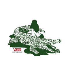 a woman sitting on top of an alligator with the words vans written all over it