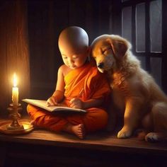 a little boy sitting next to a dog and reading a book with a candle in front of him