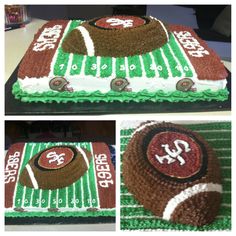 two pictures of a cake with footballs on it