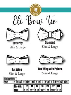 the bow tie sizes are shown in black and white, with text that reads el bow tie