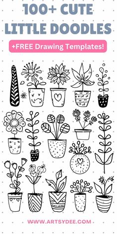 a coloring page with potted plants and the words, 100 + cute little doodles