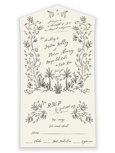 a wedding card with an ornate design on the front and back of it, in black ink