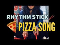 a woman sitting in front of a pizza with the words rhythm stick on it