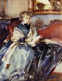 a watercolor painting of a woman sitting on a couch in front of a mirror