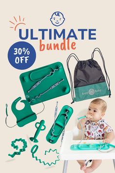 a baby sitting in a high chair with the words ultimate bundle on it's back