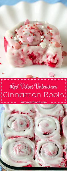 red velvet valentine's cinnamon rolls with white frosting