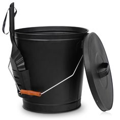 a black bucket with a wooden handle and an umbrella in the top, on a white background