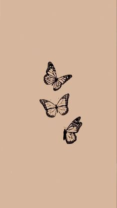 three butterflies flying in the air on a beige background with black and white lettering that says,