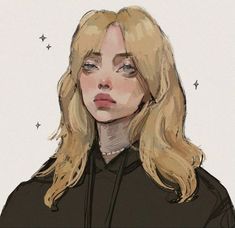 a drawing of a woman with long blonde hair wearing a black shirt and stars in the background