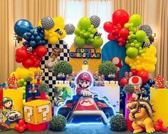 mario kart birthday party with balloons and decorations