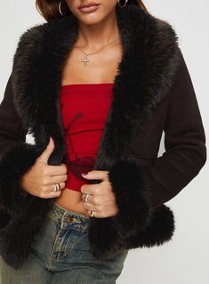 Graciel Penny Lane Jacket Chocolate Winter Faux Fur Trim Outerwear, Winter Faux Fur Outerwear With Fur Trim, Fitted Winter Outerwear With Faux Fur Lining, Fitted Outerwear With Faux Fur Lining For Winter, Fall Faux Fur Outerwear With Feather Trim, Winter Faux Fur Outerwear With Padded Collar, Winter Outerwear With Padded Collar And Faux Fur, Cold Weather Faux Fur Outerwear With Feather Trim, Faux Fur Outerwear With Feather Trim For Cold Weather