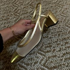 J.Crew Sling Back, Mesh And Gold. Size 8 Tts. Never Worn. Great Way To Get The Chanel Look! Gold Slingback Pumps With Block Heel For Spring, Gold High Heel Slingback Pumps For Work, Chic Gold Slingback Pumps For Spring, Gold Ankle Strap Slingback Pumps For Work, Gold Slingback Pumps With Round Toe For Spring, Gold Round Toe Slingback Pumps, Chic Gold Slingback Pumps With Round Toe, Black Lace Pumps, Zebra Print Heels