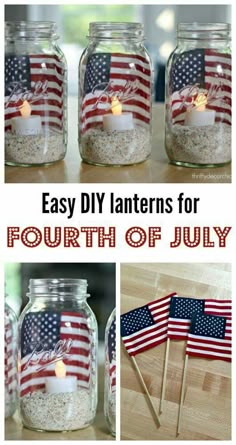 easy diy lanterns for fourth of july with american flags and candles in mason jars