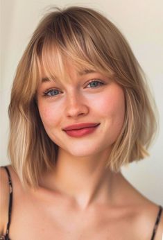 Medium-length hairstyles with bangs are having a major moment right now, and for good reason! They're the perfect way to switch up your look without #mediumlengthhaircut Should Length Bob With Bangs, Medium Blonde Haircuts With Bangs, Blonde Bob Hair Color Ideas, Straight Edge Bob Haircut, Medium Hair Haircuts For Women, Lob With Bangs Straight Hair, Bangs Chin Length Hair, Bangs For Blondes, Blonde Bobs With Curtain Bangs