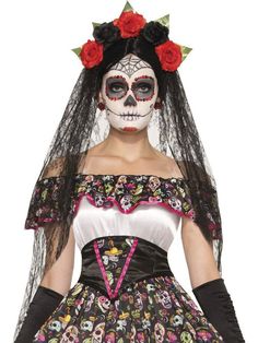 . Catrina Pink Dresses, Veil With Headband, Day Of The Dead Makeup, Headband Veil, Dead Makeup, Yellow Costume, Spanish Woman, Harley Quinn Costume, Sugar Skull Makeup