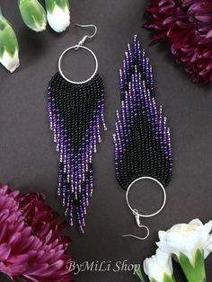 Purple Beaded Fringe Drop Earrings, Handmade Purple Dangle Hoop Earrings, Purple Earrings With Beaded Fringe, Purple Jewelry With Beaded Fringe And Round Beads, Purple Beaded Fringe Earrings, Purple Beaded Dangle Hoop Earrings, Handmade Purple Dangle Tassel Earrings, Handmade Purple Chandelier Earrings For Party, Purple Beaded Fringe Earrings As Gift