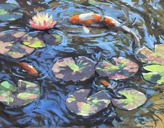 a painting of water lilies and goldfish in a pond