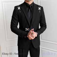 Black Single Breasted Outerwear For Wedding, Black Single-breasted Outerwear For Wedding, Slim Fit Black Tuxedo Outerwear, Black Slim Fit Tuxedo Style Outerwear, Black Winter Tuxedo, Black Winter Party Suits, Winter Black Slim Fit Suits, Black Tuxedo Blazer For Winter, Black Tuxedo With Suit Collar For Fall