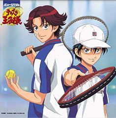 two anime characters holding tennis rackets and balls