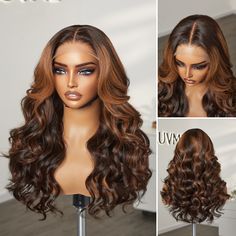 Elegant Copper Ombre Highlights Loose Body Wave / Silky Straight Gluel How To Wear A Wig, Copper Hair Color, Best Wigs, Lace Caps, Curly Wigs