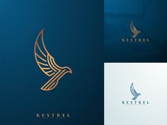 the logo for kestrell is gold and blue with a bird on it