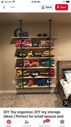 a room with a bed and shelves filled with toy trucks on top of each shelf